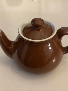 Vintage Hall China Brown & Off-White Tea Pot, Sunken Lid, Handle Tea For One